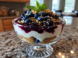 Cheesecake myrtilles sans cuisson : 2h de plaisir ! Gros plan d'un cheesecake aux myrtilles sans cuisson servi dans une coupe en verre, garni de myrtilles fraîches et de menthe.