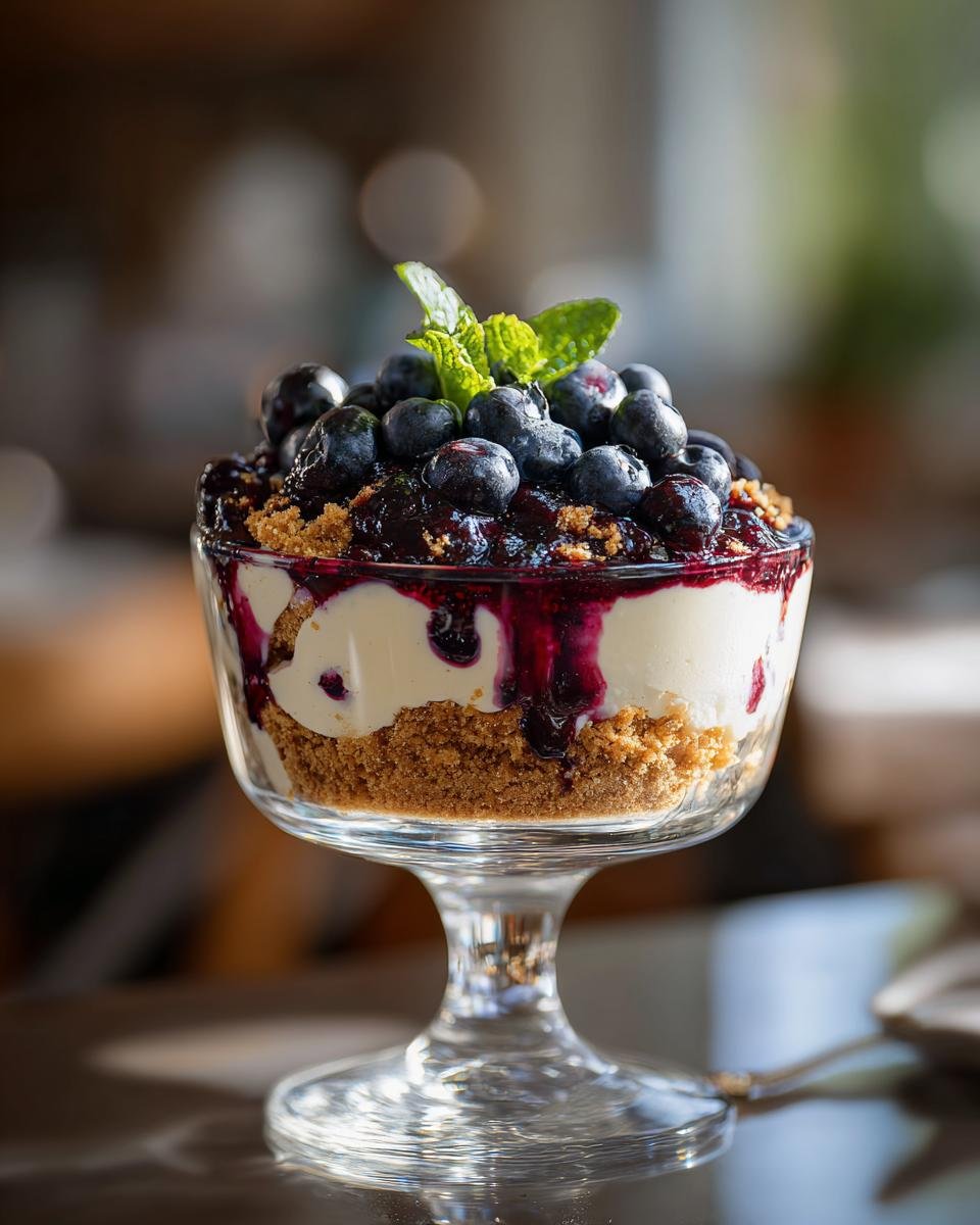 Cheesecake aux myrtilles sans cuisson en verrine, garni de myrtilles fraîches et de menthe.