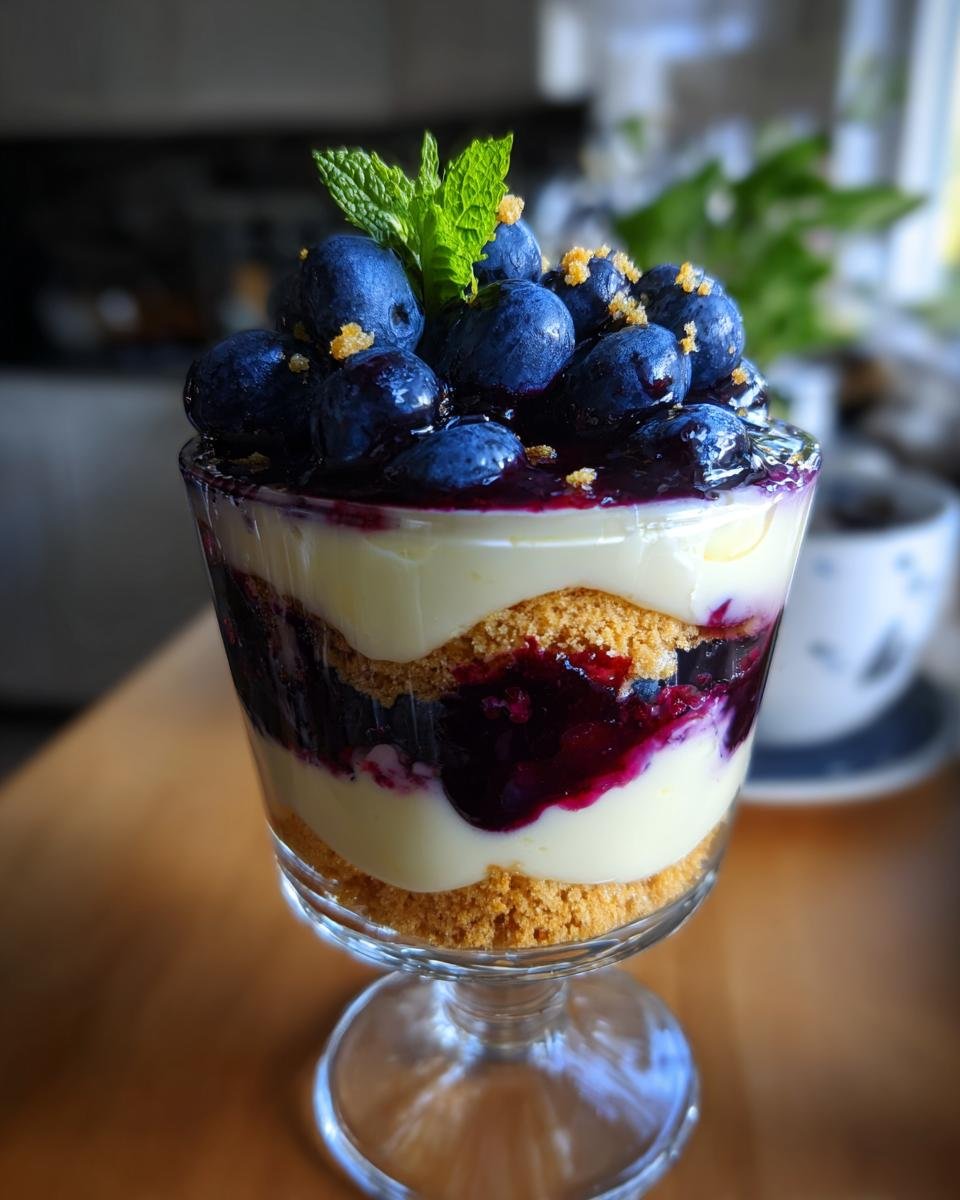 Gros plan d'un cheesecake aux myrtilles sans cuisson en verrine, garni de myrtilles fraîches et de menthe.