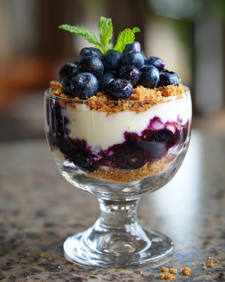 Gros plan d'un cheesecake aux myrtilles sans cuisson en verrine, garni de myrtilles fraîches et de menthe.