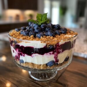 Cheesecake myrtilles sans cuisson : 2h de plaisir ! 5 Gros plan d'un cheesecake aux myrtilles sans cuisson en verrine, garni de myrtilles fraîches et de crumble.