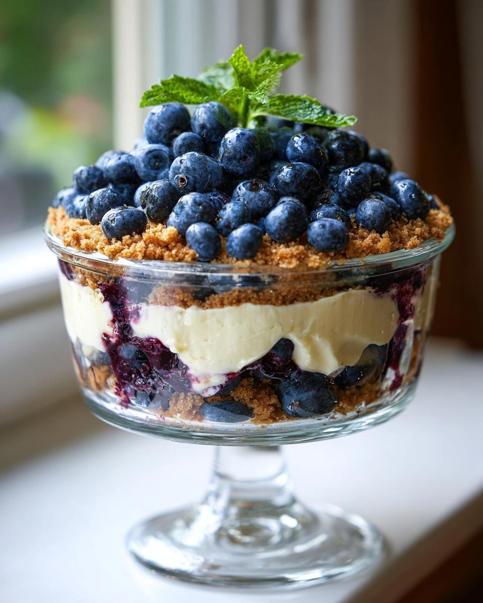 Gros plan d'un cheesecake aux myrtilles sans cuisson servi dans une verrine, garni de myrtilles fraîches et de menthe.