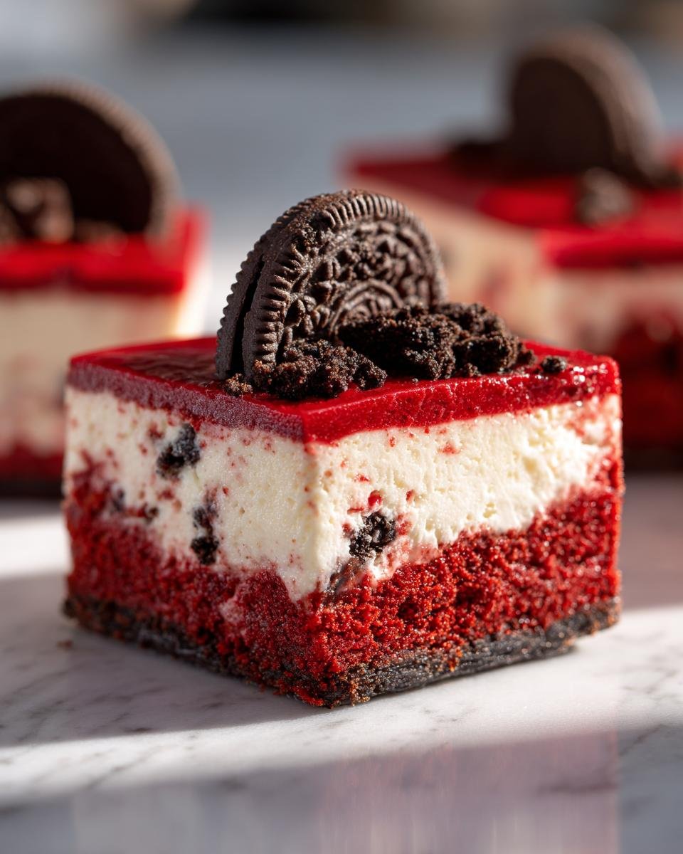 Red Velvet Oreo Cheesecake : 1 recette divine 4 Gros plan d'une part de cheesecake Red Velvet Oreo, garnie d'un biscuit Oreo et de miettes.