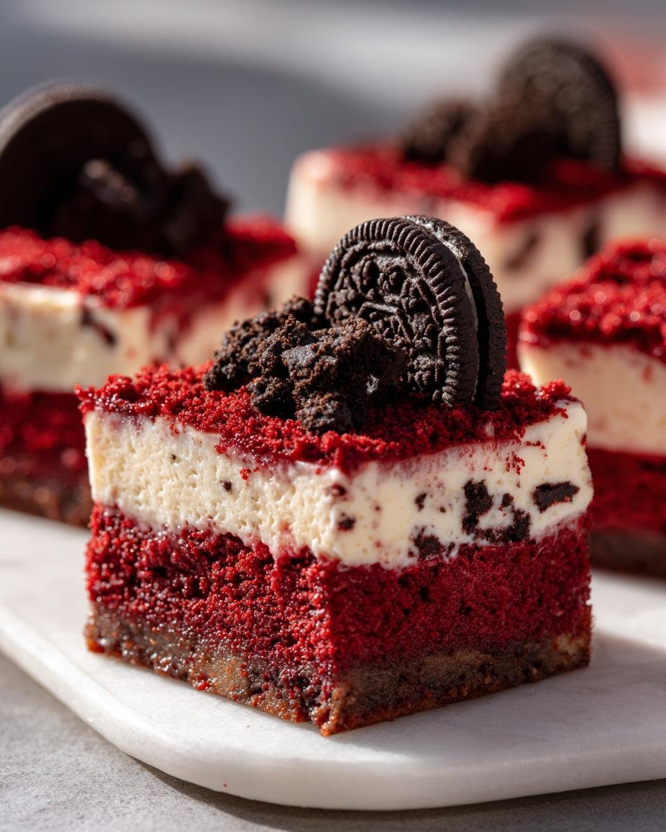 Red Velvet Oreo Cheesecake : 1 recette divine 1 Gros plan d'une tranche de cheesecake Red Velvet Oreo, garnie d'un biscuit Oreo et de miettes.