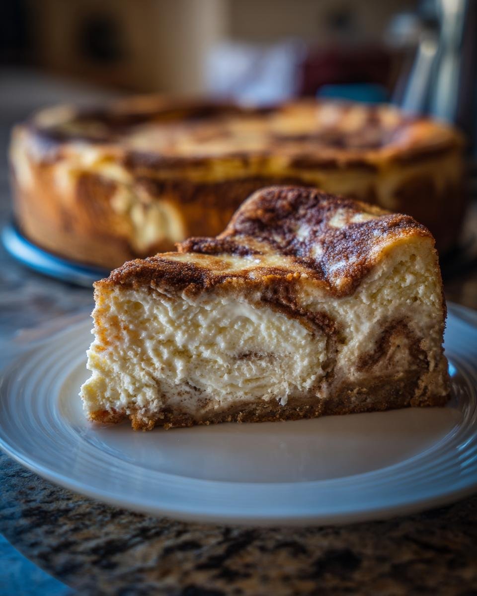 Cheesecake Roulé Cannelle : un délice en 60 min 1 Gros plan d'une part de Cheesecake Roulé à la Cannelle sur une assiette blanche, avec le gâteau entier flou en arrière-plan.
