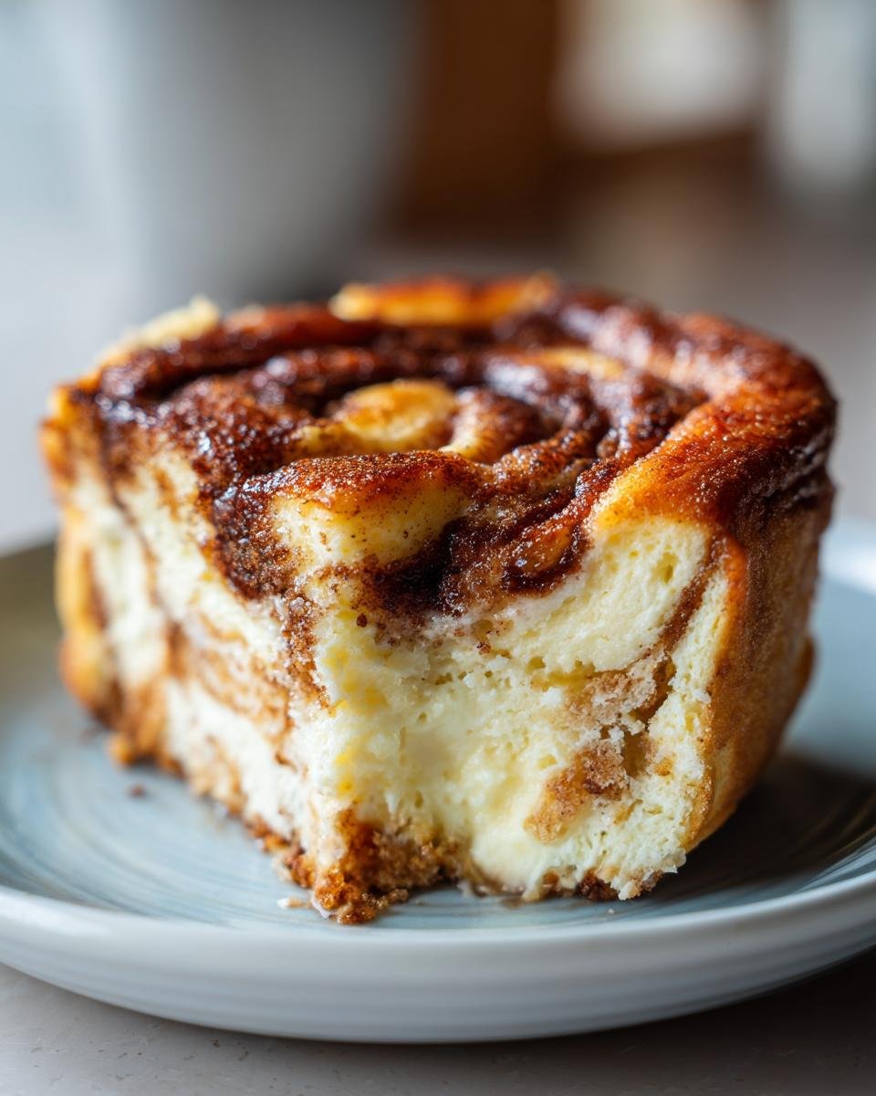 Cheesecake Roulé Cannelle : un délice en 60 min 4 Gros plan d'une part de Cheesecake Roulé à la Cannelle, montrant les spirales de cannelle et la texture crémeuse.
