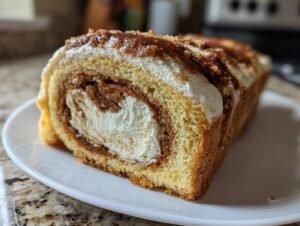 Gros plan d'une tranche de cheesecake roulé à la cannelle sur une assiette blanche, révélant la garniture crémeuse.