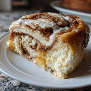 Gros plan d'une tranche de Cheesecake Roulé à la Cannelle sur une assiette blanche, avec un glaçage crémeux et des spirales de cannelle.