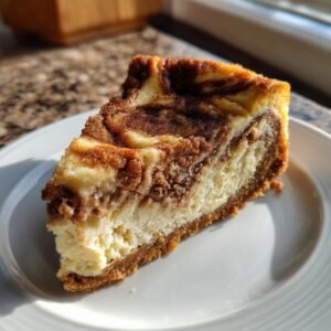 Gros plan d'une tranche de cheesecake roulé à la cannelle sur une assiette blanche, avec des tourbillons de cannelle.
