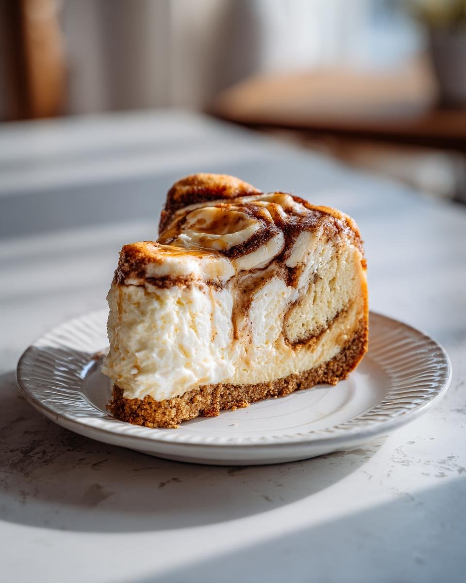 Cheesecake roulé cannelle: 1 délice irrésistible 1 Gros plan sur une tranche de cheesecake roulé à la cannelle sur une assiette blanche.