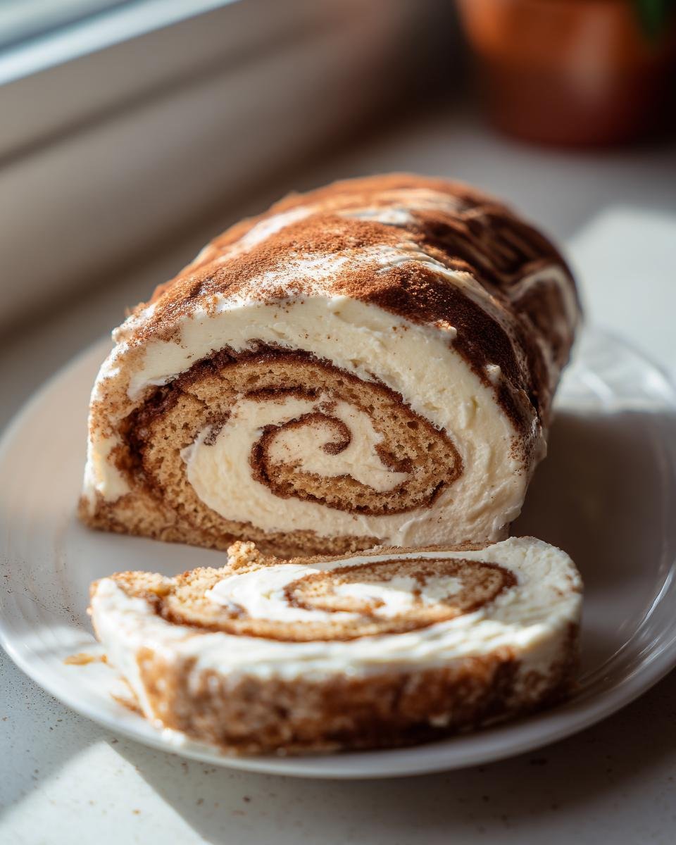 Cheesecake roulé cannelle: 1 délice irrésistible 2 Gros plan d'une tranche de cheesecake roulé à la cannelle, garni de crème et de cacao en poudre.
