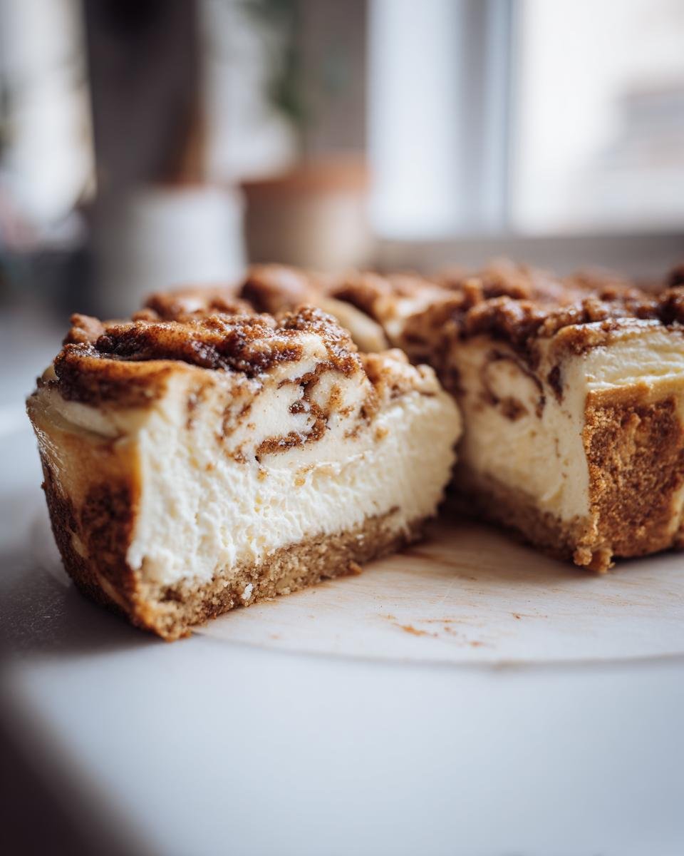Cheesecake roulé cannelle: 1 délice irrésistible 3 Gros plan sur une tranche de cheesecake roulé à la cannelle, avec sa texture crémeuse et son tourbillon de cannelle.