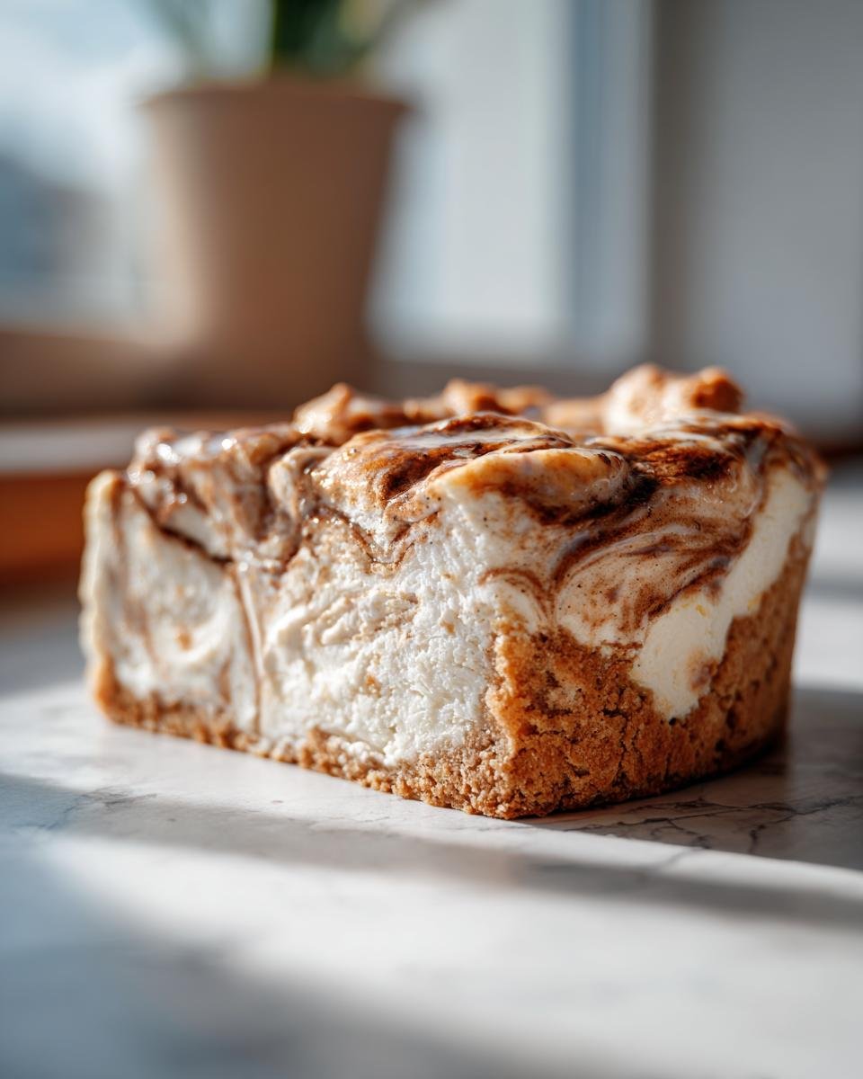 Cheesecake roulé cannelle: 1 délice irrésistible 4 Gros plan sur une tranche de cheesecake roulé à la cannelle avec un tourbillon de cannelle et une croûte biscuitée.