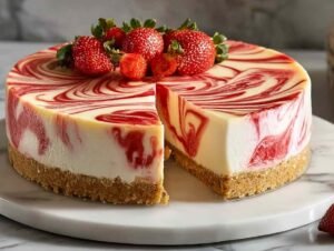 Cheesecake tourbillon fraises fait maison avec spirales rouges
