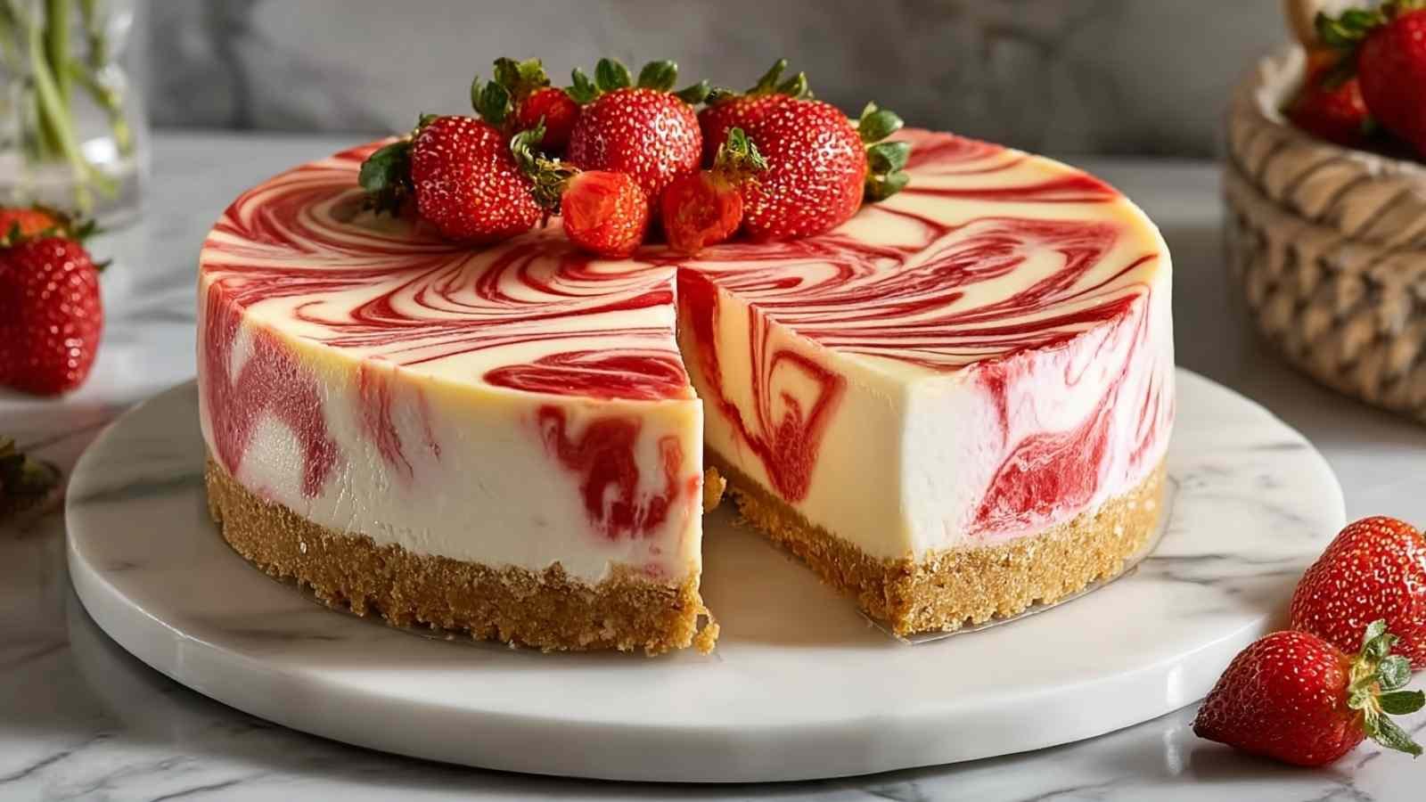 Cheesecake tourbillon fraises fait maison avec spirales rouges