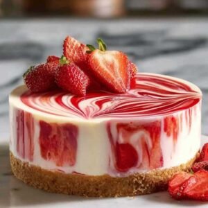 Cheesecake aux tourbillons de fraises sur assiette blanche