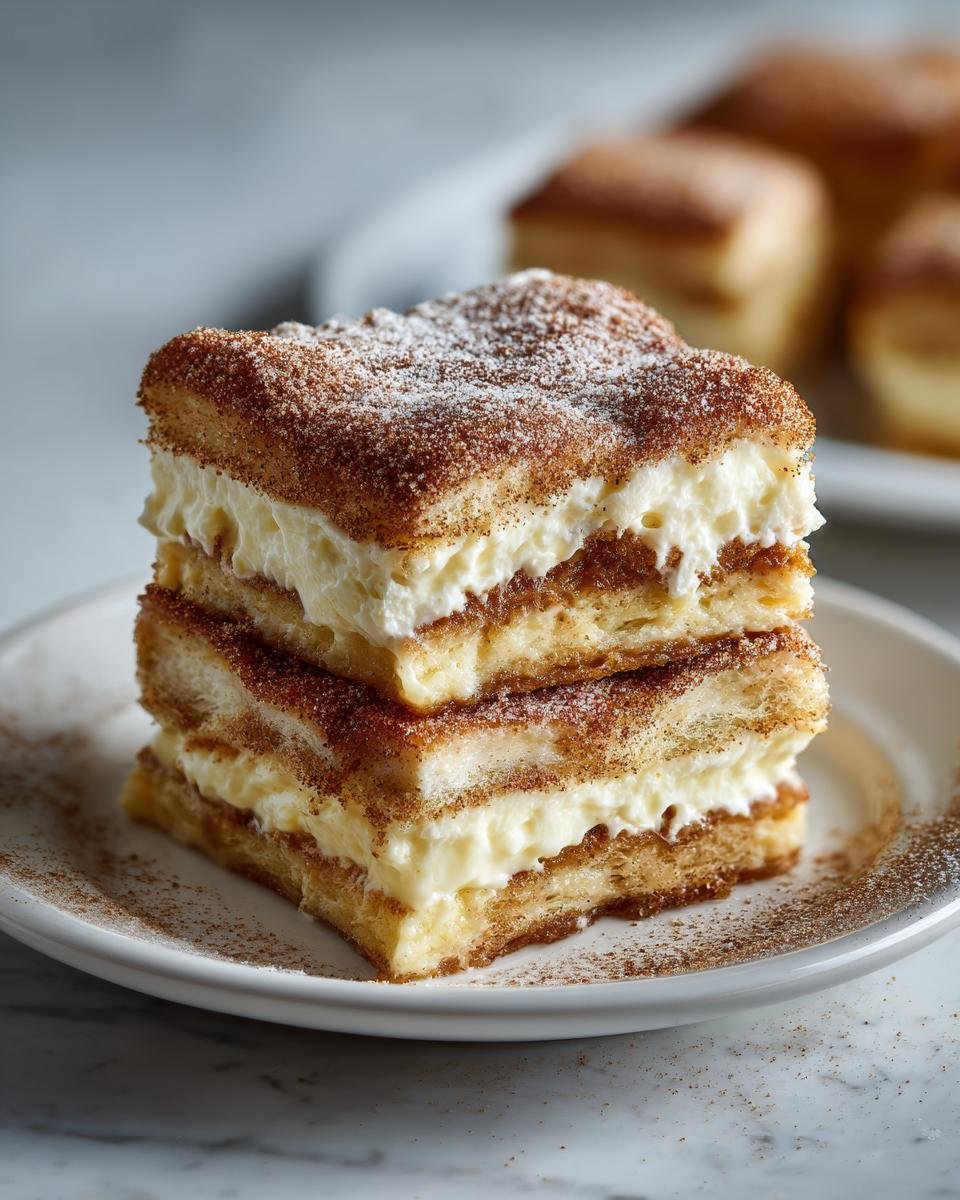 Gros plan de deux parts de Churro Cheesecake empilées, saupoudrées de sucre et de cannelle.