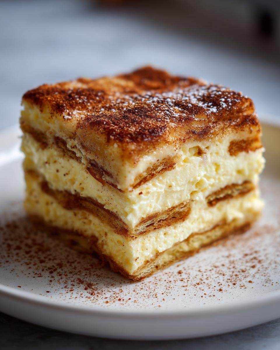 Gros plan d'une part de Churro Cheesecake crémeux et feuilleté, saupoudré de cannelle.