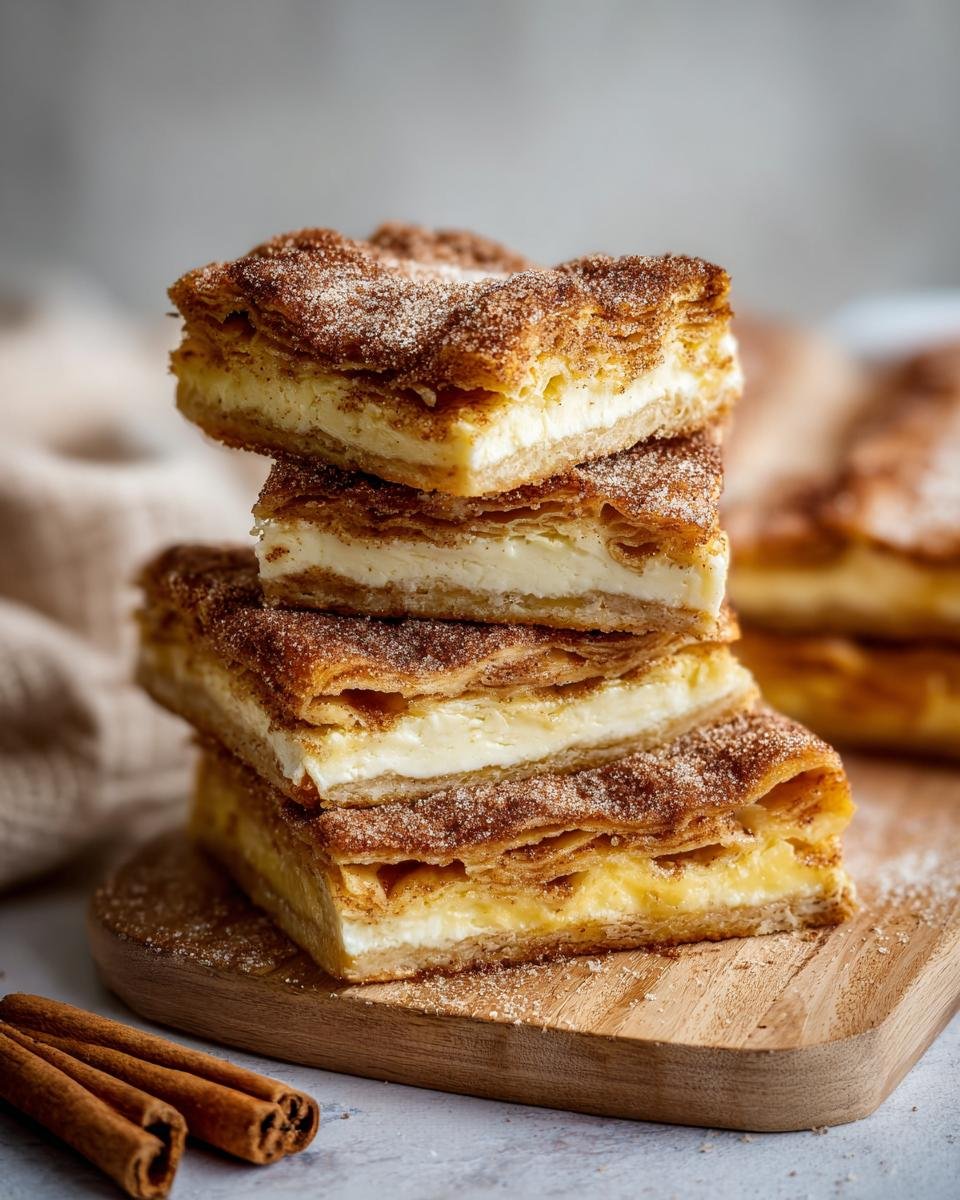 Gros plan sur une pile de délicieuses tranches de Churro Cheesecake, saupoudrées de cannelle et de sucre.