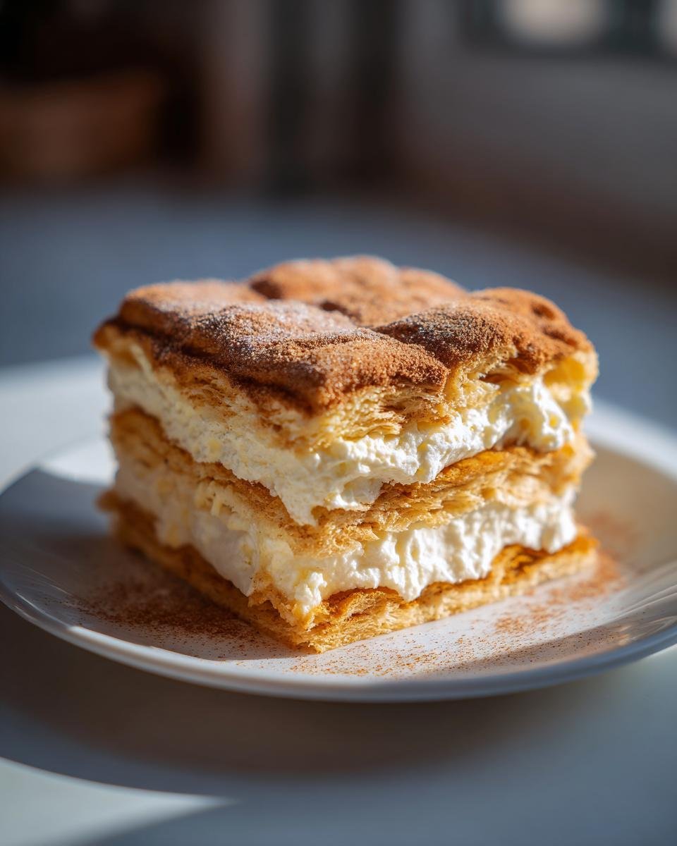Gros plan d'une tranche de Churro Cheesecake avec plusieurs couches de pâte feuilletée et de crème, saupoudrée de cannelle.