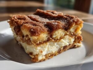 Gros plan d'une tranche de Churro Cheesecake sur une assiette blanche, avec une garniture crémeuse et un dessus saupoudré de cannelle.