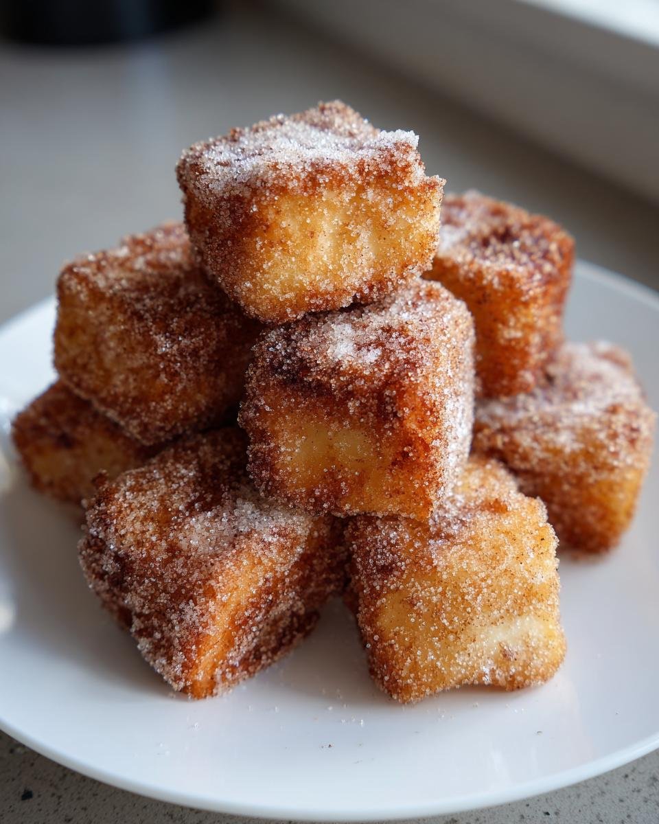 Churros friteuse à air: 30 min pour le bonheur 4 Gros plan sur une pile de churros à la friteuse à air coupés en cubes, saupoudrés de sucre et de cannelle.