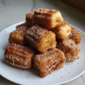 Gros plan d'une pile de churros à la friteuse à air enrobés de sucre et de cannelle.