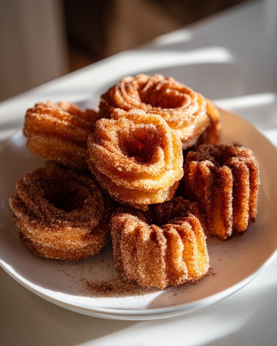 Churros friteuse à air: 30 min pour le bonheur 1 Gros plan de churros à la friteuse à air saupoudrés de sucre et de cannelle sur une assiette blanche.