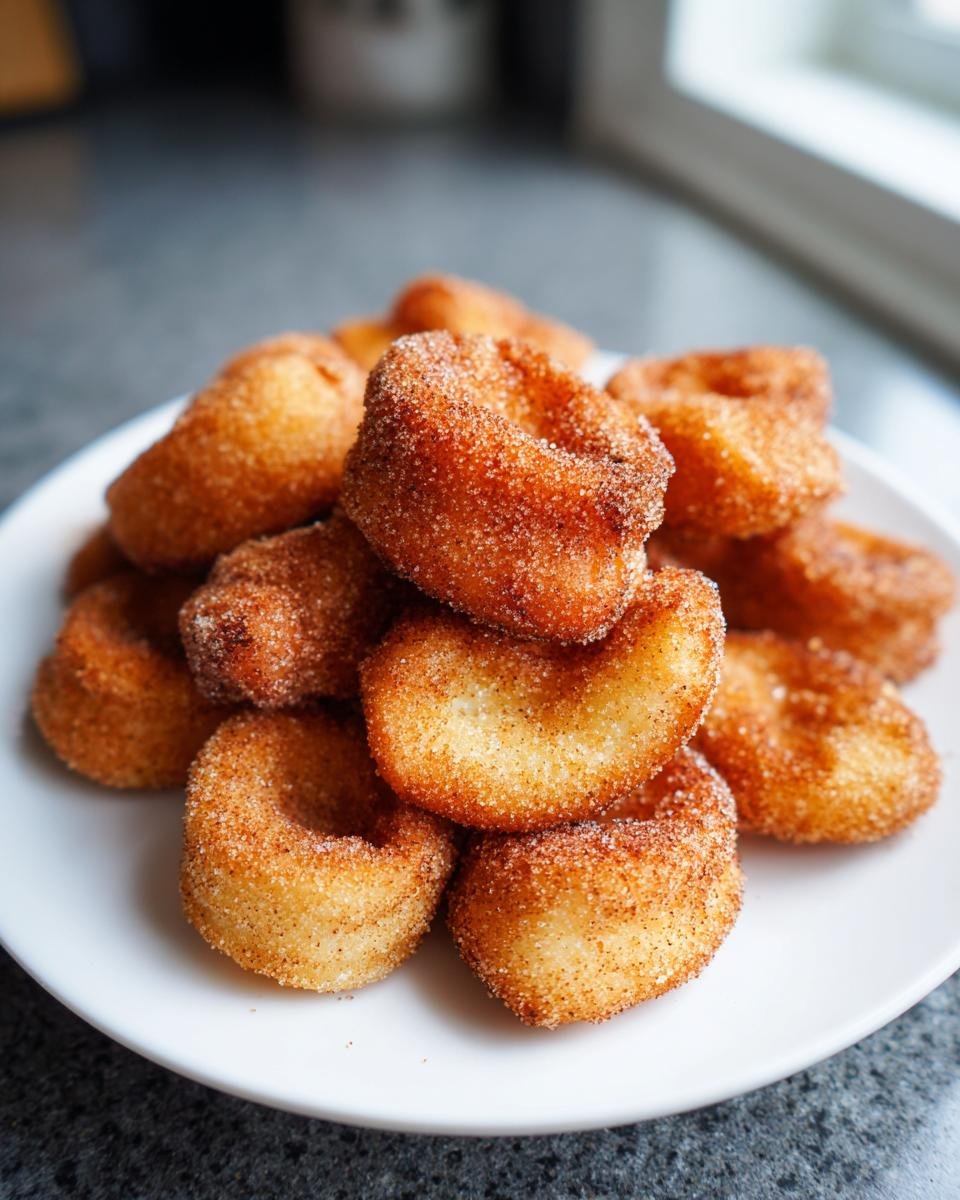 Churros friteuse à air: 30 min pour le bonheur 2 Gros plan d'une pile de churros à la friteuse à air, enrobés de sucre et de cannelle, sur une assiette blanche.