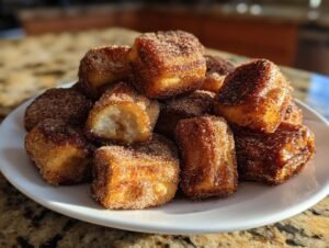 Gros plan sur une pile de churros à la friteuse à air, saupoudrés de sucre et de cannelle, un est coupé pour montrer l'intérieur moelleux.