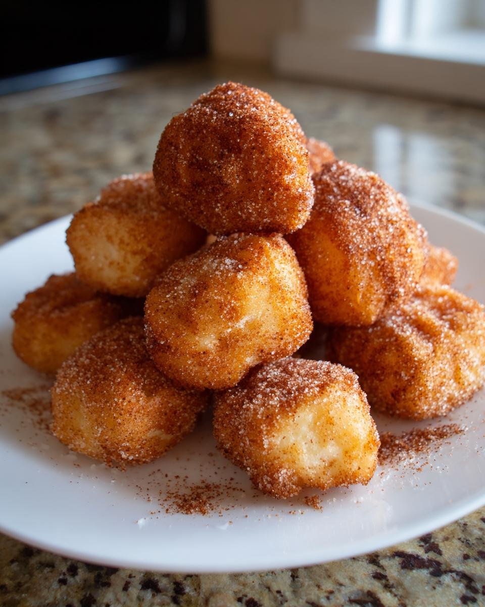 Churros friteuse à air: 30 min pour le bonheur 3 Gros plan de churros à la friteuse à air, saupoudrés de sucre et de cannelle, empilés sur une assiette blanche.