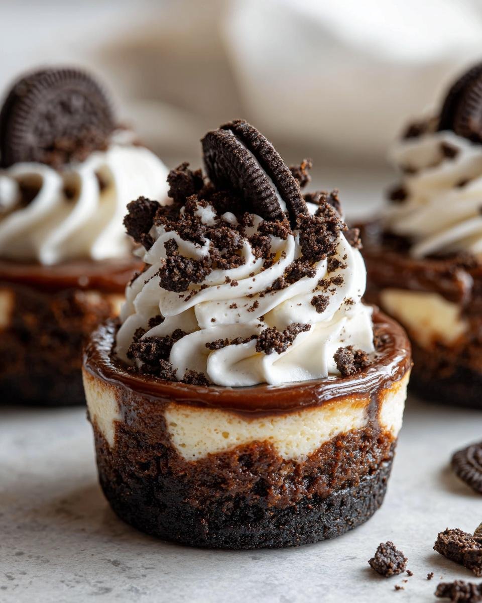 Cookies Cheesecake Oreo : 1 recette gourmande 3 Gros plan d'un Cookies Cheesecake Oreo individuel garni de crème fouettée et de miettes d'Oreo.