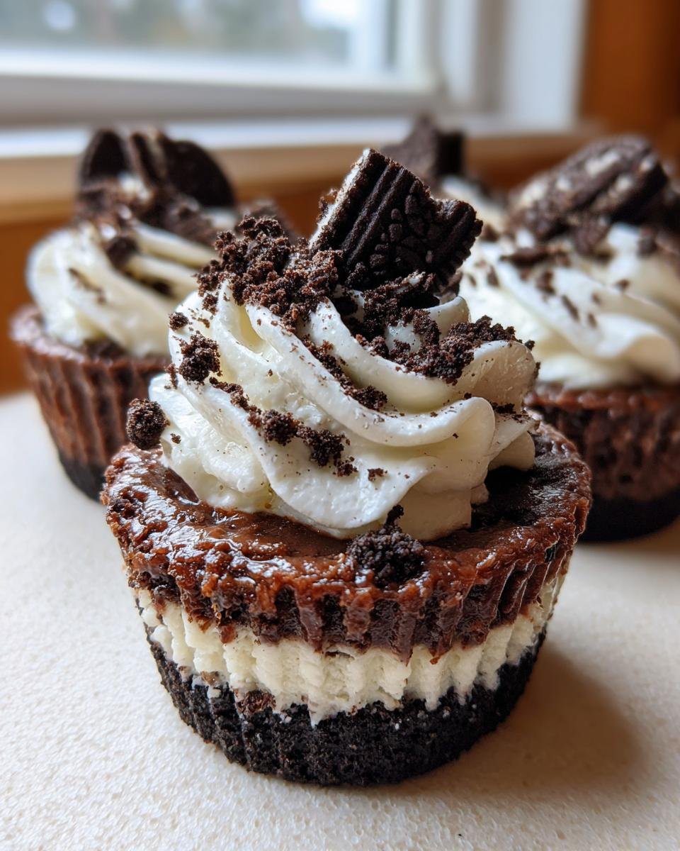Cookies Cheesecake Oreo : 1 recette gourmande 2 Gros plan sur un Cookies Cheesecake Oreo individuel, garni de crème fouettée et de miettes d'Oreo.