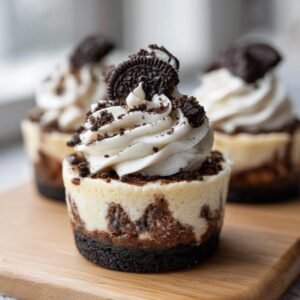Gros plan sur des mini cheesecakes Cookies Cheesecake Oreo, garnis de crème fouettée et de miettes d'Oreo.