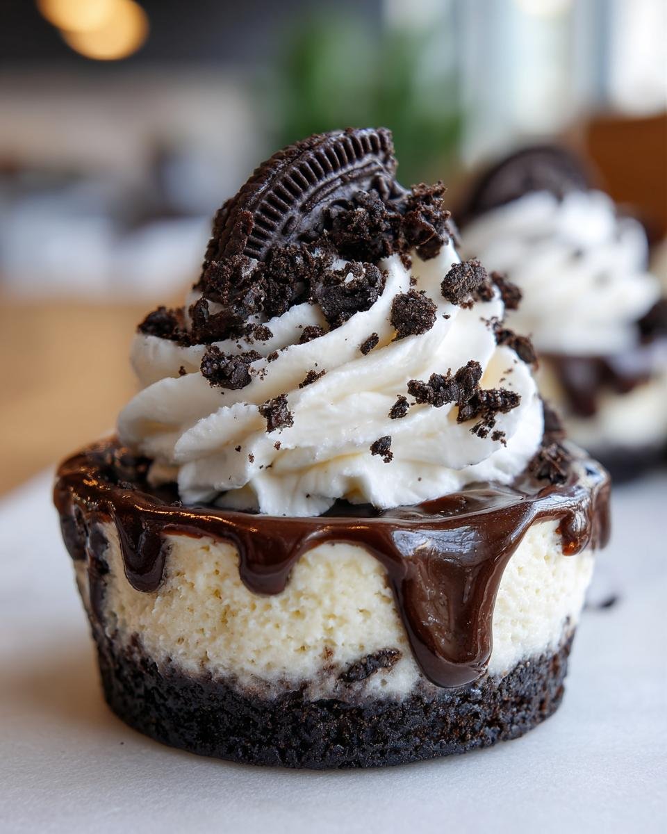 Cookies Cheesecake Oreo : 1 recette gourmande 4 Un mini cheesecake aux cookies Oreo garni de crème fouettée, de miettes d'Oreo et d'un biscuit Oreo entier.