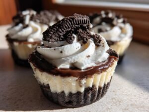 Gros plan d'un mini cheesecake aux Cookies Oreo, garni de crème fouettée et de miettes d'Oreo.