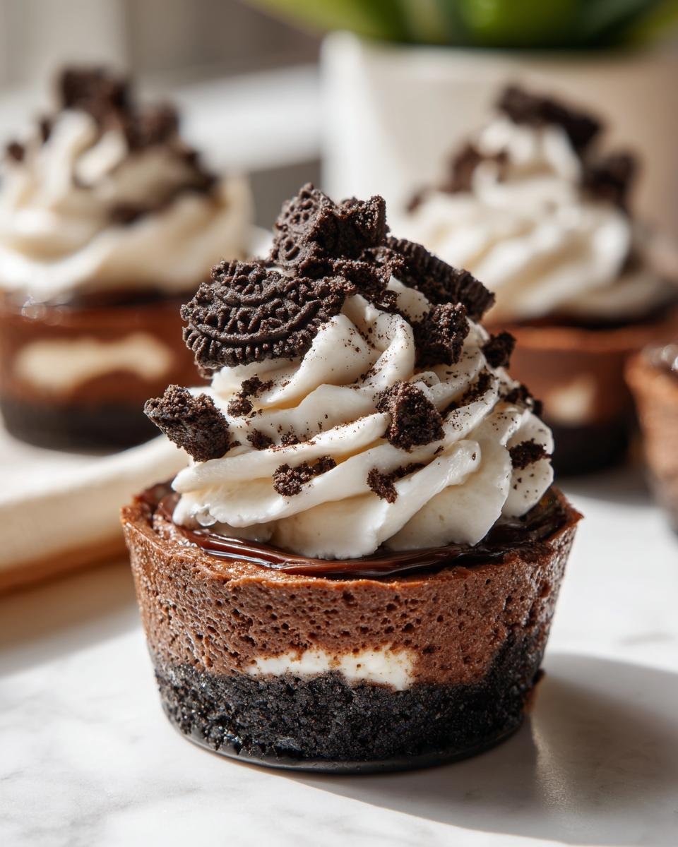 Cookies Cheesecake Oreo : 1 recette gourmande 1 Gros plan d'un Cookies Cheesecake Oreo individuel garni de crème fouettée et de miettes d'Oreo.
