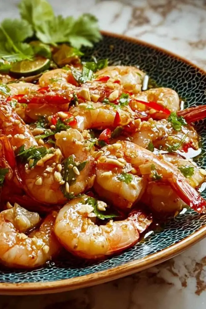 Crevettes crues dans un bol de marinade au gingembre et citronnelle