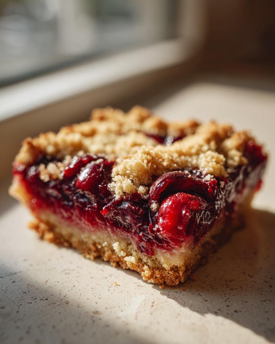 Gros plan d'une part de crumble aux cerises juteuses sur une base croustillante.