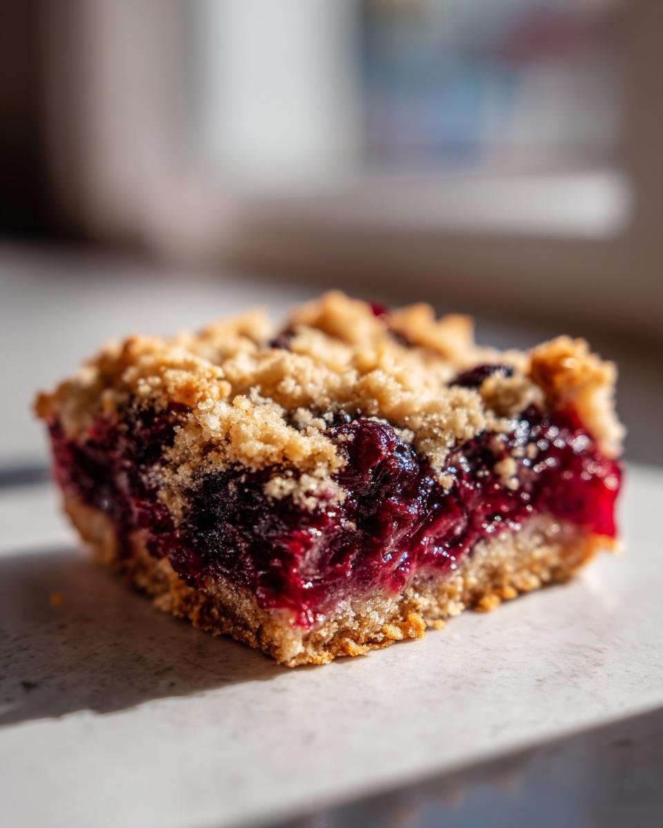 Gros plan d'une part de crumble aux cerises avec une garniture croustillante et une garniture aux fruits rouges juteuse.