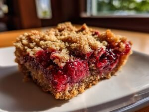 Gros plan d'une part de crumble aux cerises sur une assiette blanche, montrant la garniture croustillante et les cerises juteuses.