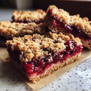 Gros plan sur une tranche de crumble aux cerises, avec une garniture généreuse de fruits rouges et une croûte croustillante.