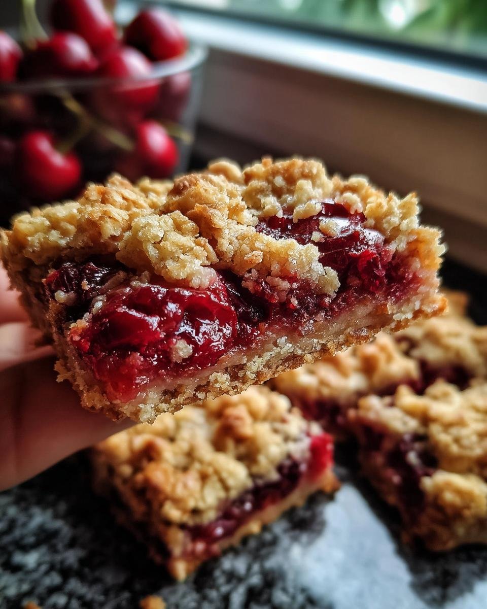 Gros plan d'une tranche de crumble aux cerises, montrant la garniture aux fruits rouges et la croûte croustillante.