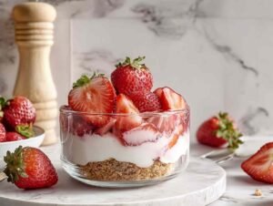 Dessert aux fraises en verrines final prêt à déguster
