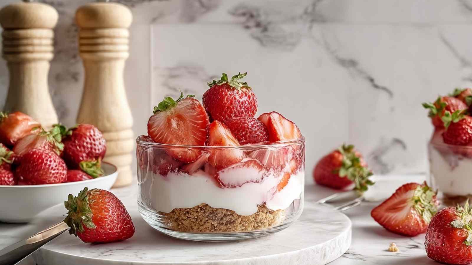 Dessert aux fraises en verrines final prêt à déguster