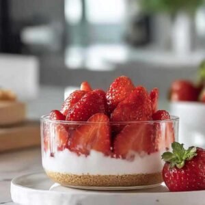 Dessert aux fraises en verrines terminé et décoré
