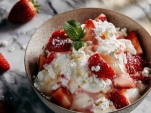 Eton Mess aux fraises dans des verres individuels avec meringue émiettée