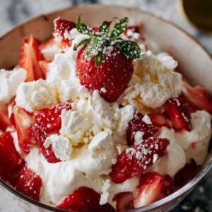 Eton Mess aux fraises 3 Eton Mess aux fraises dans des verres individuels avec meringue émiettée