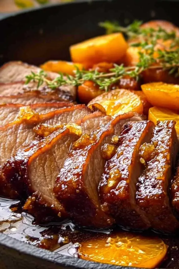 Filet Mignon de Porc à l'Orange et au Gingembre 2 Filet mignon de porc tranché nappé de sauce orange brillante