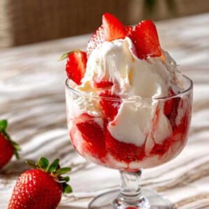 Coupe glacée Fraise Melba avec glaces vanille et fraise, coulis et chantilly